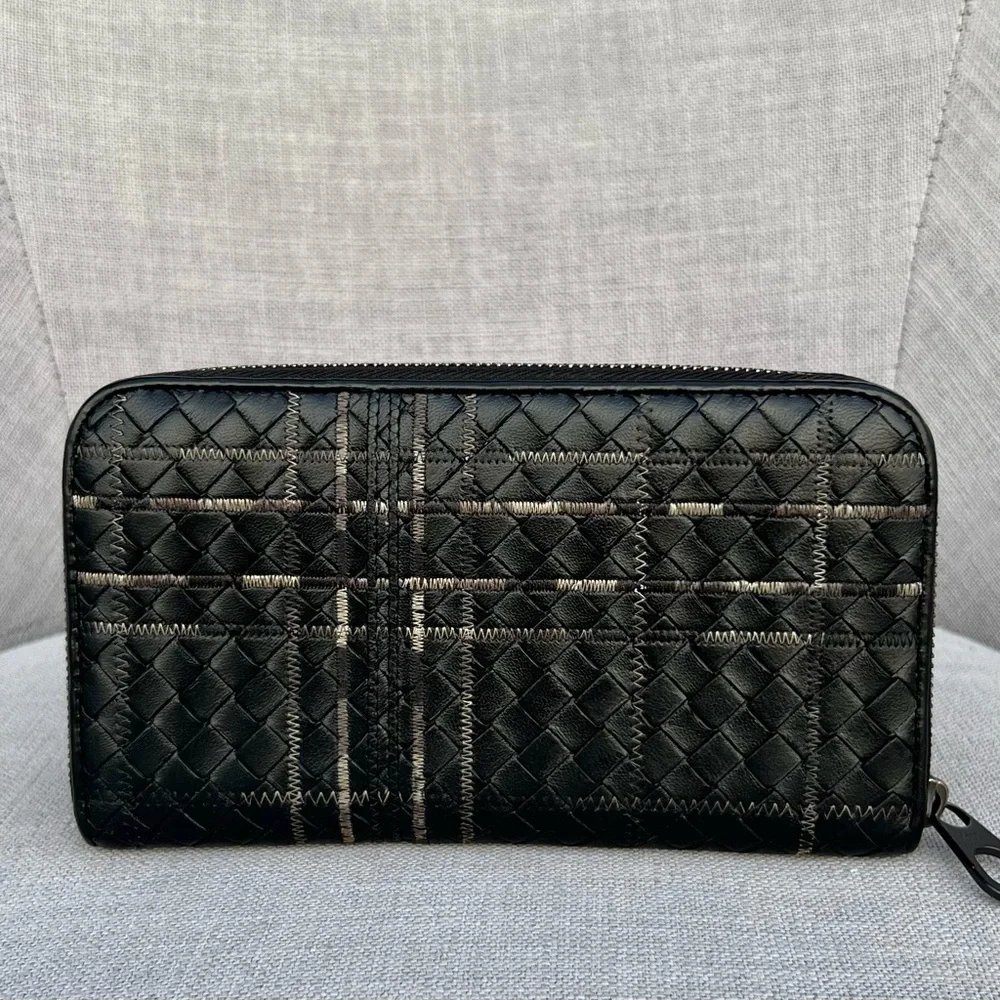 RARE BOTTEGA VENETA Anthracite Black Weave Intrecciato Zip Around Long Wallet